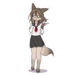  1girl animal_feet animal_hands black_skirt body_fur brown_fur brown_hair claws commentary digitigrade fox_girl full_body furry furry_female green_eyes highres lee_ha-kyung looking_at_viewer medium_hair original school_uniform serafuku simple_background skirt solo standing tail whiskers white_background 