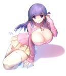  1girl artist_name breasts cleavage cleavage_cutout fate/stay_night fate_(series) hair_ribbon huge_breasts jewelry long_hair looking_at_viewer matou_sakura matsuki_ringo open-chest_sweater pendant purple_hair ribbed_sweater ribbon shadow skirt smile solo sweater thigh-highs turtleneck turtleneck_sweater violet_eyes 