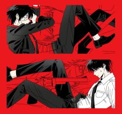  2boys axe belt black_belt black_gloves black_hair black_jacket black_necktie black_pants black_shoes black_socks border closed_mouth collared_shirt dress_shoes eyepatch eyeshadow eyeshadow_under_eye from_side g6uwdwtfe017969 gloves grin gun hair_over_one_eye hand_on_own_stomach handgun highres jacket light_frown limited_palette long_sleeves looking_ahead looking_at_viewer lying makeup male_focus multiple_boys necktie on_back ooe_(game) oosaki_(ooe) open_clothes open_jacket pale_skin pants parted_hair red_background red_border red_eyes red_eyeshadow red_shirt red_theme scared shinbashi_(ooe) shirt shoes short_hair slit_pupils smile socks suit sweat sweatdrop tie_clip turn_pale weapon white_shirt white_socks wide-eyed wing_collar 