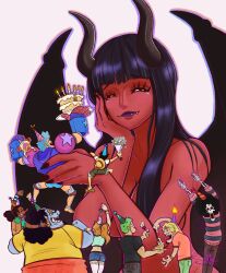  2girls 6+boys afro antlers big_nose birthday birthday_cake blue_skin bouquet brook_(one_piece) cake colored_skin dark-skinned_male dark_skin demon_girl demon_horns demonio_fleur dinosaurjonesmd fangs food fork franky_(one_piece) giant giantess green_hair hat highres holding holding_bouquet horns jinbe_(one_piece) long_nose mechanical_arms mechanical_legs monkey_d._luffy multiple_boys multiple_girls nami_(one_piece) nico_robin one_piece orange_hair party_hat red_skin reindeer_antlers reindeer_boy roronoa_zoro sanji_(one_piece) sharp_teeth skeleton smile tearing_up teeth tony_tony_chopper tusks usopp 