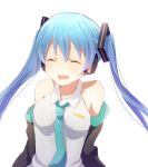  1girl :d ^_^ aqua_hair bare_shoulders bust closed_eyes collared_shirt detached_sleeves harusawa hatsune_miku headphones necktie open_mouth simple_background smile solo twintails vocaloid white_background 