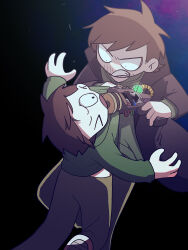  >_o 2boys aiming akt_xp angry antenna_hair bags_under_eyes beard_stubble black_eyes brown_hair brown_pants clenched_teeth clothes_grab coat commentary_request drawstring dual_persona edd_(eddsworld) eddsworld eye_contact facial_hair fewer_digits future_edd_(eddsworld) grabbing_another's_shirt gradient_background gun gun_to_chin hair_behind_ear highres holding holding_gun holding_weapon hood hood_down hoodie long_sleeves looking_at_another male_focus multiple_boys one_eye_closed open_clothes open_coat open_mouth pants short_hair stubble swept_bangs teeth time_paradox toon_(style) trench_coat v-shaped_eyes weapon 