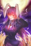  1girl animal_ears blazer breasts cowboy_shot full_moon glowing glowing_eyes hand_on_own_face highres long_hair moon necktie open_mouth purple_hair purple_skirt rabbit_ears red_eyes reisen_udongein_inaba shiki_tsuki skirt sky smile solo star_(sky) starry_sky touhou very_long_hair wheat_field 