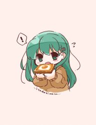  ! 1girl bloom2425 bread bread_slice brown_sweater commentary_request cropped_torso eating food fried_egg fried_egg_on_toast green_eyes green_hair highres kantai_collection looking_at_viewer romaji_text solo spoken_exclamation_mark suzuya_(kancolle) sweater toast upper_body 