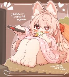  1girl absurdres ahoge animal_ear_fluff animal_ears animal_feet animal_hands blush commentary_request controller cup furry furry_female heart highres holding holding_controller holding_cup holding_remote_control long_hair open_mouth pink_hair rabbit_ears rabbit_girl red_eyes regain_(regain_illust) remote_control sitting solo thick_eyebrows translation_request zenless_zone_zero zhao_(zenless_zone_zero) 