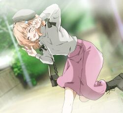  1girl :d ^_^ absurdres beret black_boots black_bow black_hat blurry blurry_background boots bow closed_eyes commentary facing_viewer hair_intakes hair_ornament hat highres hinoshita_kaho hinoshita_kaho_(first_date) lace-up_boots leg_up link!_like!_love_live! llb love_live! medium_skirt open_mouth orange_hair pink_skirt rabbit_hair_ornament skirt smile solo sweater two_side_up v virtual_youtuber w white_sweater 