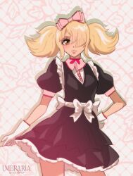  1girl art_fight_attack artist_name black_hair blonde_hair bow breasts brown_eyes commentary contrapposto cowboy_shot english_commentary gift_art gloves hair_bow hair_over_one_eye hand_on_own_hip highres holding light_smile lips medium_breasts original pink_bow puffy_short_sleeves puffy_sleeves short_sleeves solo twintails umbra_(edits_umbra) watermark white_gloves 