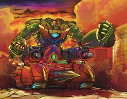  armor blue_armor caterpillar_tracks city clenched_hands clouds cloudy_sky commentary_request drill getter_gai getter_robo getter_robo_go green_armor highres mecha multicolored_armor orange_sky outdoors red_armor robot sky super_robot yamanushi 