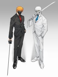  2boys absurdres asure_(asure_twi) bankai black_hair black_nails black_pants black_sclera black_shirt black_suit bleach blue_necktie brown_eyes business_suit chain collared_jacket collared_shirt colored_sclera colored_skin commentary full_body hand_in_pocket highres holding holding_sword holding_weapon hollow_ichigo jacket kurosaki_ichigo loafers looking_at_viewer mask mouth_mask multiple_boys necktie orange_hair over_shoulder pants red_necktie shirt shoes skull_mask spiky_hair suit sword tensa_zangetsu_(bankai) untranslatable_commentary weapon weapon_over_shoulder white_hair white_jacket white_pants white_shirt white_skin white_suit yellow_eyes 