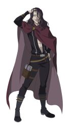  1boy abs absurdres black_boots black_clover black_clover_m:_rise_of_the_wizard_king black_jacket black_pants blue_eyes book boots brown_hair cape full_body highres incredibly_absurdres jacket long_hair looking_at_viewer non-web_source open_book open_clothes open_jacket open_mouth pants red_cape revchi_salik scar scar_on_face simple_background teeth transparent_background upper_teeth_only 