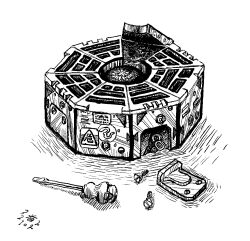  commentary_request greyscale mini-hakkero monochrome no_humans object_focus screw screwdriver super-flat-world touhou trigram 