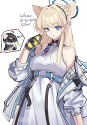  1girl absurdres akanora arknights arknights:_endfield bare_shoulders black_gloves black_hairband blonde_hair blue_archive blue_eyes blue_halo collared_dress commentary contrast_collar cosplay dress earrings endministrator_(arknights) english_text gloves hair_intakes hairband halo hand_in_own_hair highres jacket jewelry long_hair male_endministrator_(arknights) off_shoulder open_mouth perlica_(arknights) perlica_(arknights)_(cosplay) simple_background sleeveless sleeveless_dress solo sparkle toki_(blue_archive) twitter_username watermark white_background white_dress white_jacket yellow_gloves 