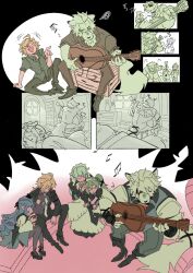  2boys 3girls alexandrina_sebastiane animal_ears bicep_strap black_pants black_pantyhose black_shirt black_shoes blonde_hair body_fur closed_eyes collared_vest corin_wickes dress drill_hair furry furry_male furry_with_non-furry green_hair grey_vest guitar highres hugo_vlad hvlad42244 instrument interspecies long_hair maid maid_headdress multiple_boys multiple_girls music necktie pants pantyhose playing_guitar playing_instrument pointy_ears prosthesis prosthetic_leg purple_hair purple_shirt shirt shoes sideboob_cutout sitting sleeping smile tail tail_belt twintails vest vivian_banshee von_lycaon white_dress white_fur white_necktie wolf_boy wolf_ears wolf_tail zenless_zone_zero 