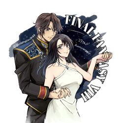  1boy 1girl anniversary bare_shoulders black_hair black_jacket black_pants breasts brown_hair closed_mouth commentary_request copyright_name couple cowboy_shot dress final_fantasy final_fantasy_viii hetero highres holding_hands jacket long_hair medium_breasts official_alternate_costume pants rinoa_heartilly sayaendou0426 scar scar_on_face scar_on_forehead short_hair smile squall_leonhart twitter_username upper_body white_dress 
