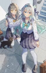  2girls absurdres animal bag black_cat black_hairband black_sailor_collar blue_eyes blush bow breasts cat collarbone commentary_request firefly_(honkai:_star_rail) firefly_(spring_missive)_(honkai:_star_rail) full_body gradient_hair green_bow green_hair grey_hair grey_skirt hair_between_eyes hair_ornament hairband highres honkai:_star_rail honkai_(series) long_hair long_sleeves looking_at_viewer medium_breasts multicolored_hair multiple_girls open_mouth plaid_bow plaid_clothes plaid_skirt sailor_collar school_bag school_uniform sitting skirt stelle_(honkai:_star_rail) thigh-highs trailblazer_(honkai:_star_rail) wariza white_thighhighs yellow_bow yuuna_(vhux2273) 