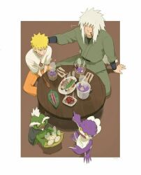  1girl 3boys blonde_hair commentary dinner facial_mark food frog_boy frog_girl jiraiya_(naruto) long_hair ma_(naruto) multiple_boys naruto7077 naruto_(series) naruto_shippuuden pa_(naruto) smile teacher_and_student uzumaki_naruto white_hair 