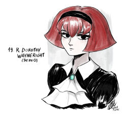  1girl absurdres artist_name ascot black_dress black_eyes black_hairband bob_cut character_name closed_mouth commentary cropped_torso dress english_commentary hair_between_eyes hairband highres inktober juliet_sleeves laylafgore long_sleeves looking_at_viewer puffy_sleeves r_dorothy_wayneright red_hair short_hair solo the_big_o upper_body white_ascot 