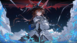  1girl absurdres amiya_(arknights) amiya_(guard)_(arknights) amiya_(guard)_(in_a_myriad_of_universes)_(arknights) animal_ears arknights bansibuhuo_yu_pian black_skirt blue_eyes blue_fire blue_sky brown_hair commentary cowboy_shot dress expressionless fire floating_hair frills gauntlets hair_between_eyes hair_ornament highres holding holding_sword holding_weapon incredibly_absurdres infection_monitor_(arknights) jewelry long_hair long_sleeves looking_at_viewer multiple_rings night official_alternate_costume puffy_long_sleeves puffy_sleeves rabbit_ears rabbit_girl ring single_gauntlet skirt sky solo star_(sky) straight-on sword weapon white_dress 