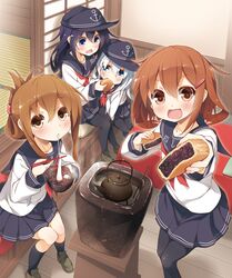  4girls :d akatsuki_(kantai_collection) black_hair black_legwear blue_eyes blush bowl brown_hair child chopsticks eating fang folded_ponytail food hair_ornament hairclip hat hibiki_(kantai_collection) ikazuchi_(kantai_collection) inazuma_(kantai_collection) kantai_collection loafers loli long_hair looking_at_viewer multiple_girls open_mouth pantyhose pleated_skirt school_uniform serafuku shiruko_(food) shoes short_hair silver_hair sitting skirt smile teapot violet_eyes yume_no_owari 