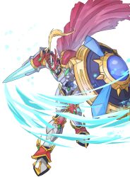  absurdres armor cape digimon digimon_(creature) dukemon dukemon_x-antibody energy_blade energy_lance helmet highres holding holding_shield knight lance mix_(candlmix) polearm red_cape shield shoulder_armor weapon white_armor white_background white_helmet 