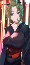  1girl absurdres bangs_pinned_back black_kimono blonde_hair folded_ponytail gintama hashtag-only_commentary highres ibaraki_shun japanese_clothes kimono kiseru scar scar_on_cheek scar_on_face smoking_pipe solo tsukuyo_(gintama) 