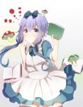  1girl alice_(wonderland) alice_(wonderland)_(cosplay) alice_in_wonderland apron blue_bow blue_dress book bow cowboy_shot dress frilled_skirt frills hair_bow harusawa looking_at_viewer low_twintails mushroom puffy_short_sleeves puffy_sleeves purple_hair short_sleeves simple_background skirt solo thigh-highs twintails violet_eyes vocaloid white_background yuzuki_yukari 