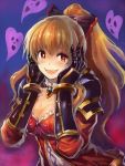  1girl blush breasts brown_hair bust cleavage edobox granblue_fantasy hands_on_own_face heart long_hair open_mouth ponytail red_eyes solo upper_body vira 