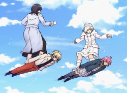  4girls absurdres ahoge beanie black_hair black_shirt black_shoes black_skirt black_thighhighs blonde_hair blue_coat blue_jacket blue_sky buttons clouds coat commentary_request day double-breasted frilled_sleeves frills fur-trimmed_skirt fur-trimmed_socks fur_trim hat highres hood hood_down hooded_jacket hoverboard human_board jacket kishimen_hair long_sleeves love_live! love_live!_nijigasaki_high_school_idol_club medium_hair medium_skirt mia_taylor midair miniskirt miyashita_ai multiple_girls neck_ribbon nijigasaki_school_uniform open_clothes open_jacket orange_pants pants pink_hair pleated_skirt ribbon school_uniform shirt shoes short_hair skirt sky socks tennoji_rina thigh-highs typeakiha73 white_delight_(love_live!) white_hair white_hat white_jacket white_skirt white_socks yellow_ribbon zettai_ryouiki 