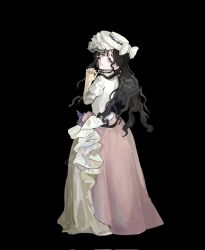  1girl black_background black_hair bow dress from_side full_body gloves gown grin hair_bow hands_up hat highres interlocked_fingers isolde_(reverse:1999) juliet_sleeves long_hair long_sleeves looking_at_viewer oko_(oko0) own_hands_together puffy_sleeves reverse:1999 smile solo standing turning_head veil violet_eyes white_bow white_dress white_hat white_veil yellow_gloves 