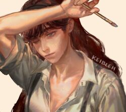  1girl artist_name black_hairband blue_eyes clair_obscur:_expedition_33 clea_(clair_obscur:_expedition_33) collarbone commentary english_commentary freckles hairband hand_up highres holding holding_paintbrush keibleh lips long_hair nose one_eye_closed paintbrush realistic red_hair shirt simple_background single_tear solo suspenders upper_body white_background white_shirt 