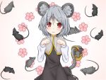  1girl animal_ears basket blush capelet dress ebi_senbei flower grey_hair highres jewelry long_sleeves looking_at_viewer mouse mouse_ears mouse_tail nazrin nyanyanyanyanyanyanya!_(vocaloid) paw_pose pendant red_eyes short_hair solo tail touhou vocaloid 