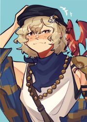 1girl :3 aqua_background armor black_hat blonde_hair blue_coat blue_neckerchief brume_(reverse:1999) coat dragon dragon_on_shoulder freckles hand_on_headwear hat highres jewelry looking_at_viewer neckerchief necklace newsboy_cap reverse:1999 roseiid short_hair shoulder_armor single_bare_shoulder small_dragon solo tank_top upper_body white_tank_top yellow_eyes 