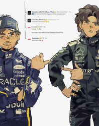  2boys baseball_cap beard_stubble black_racing_suit blue_eyes blue_hat blue_racing_suit brown_hair commentary english_commentary facial_hair facing_viewer formula_one george_russell hat highres long_sleeves looking_to_the_side male_focus max_verstappen mercedes-benz multiple_boys mustache_stubble no_sclera pointing pointing_at_another pointing_with_thumb racing_suit real_life red_bull rivalry short_hair sog_goog stubble twitter white_background 
