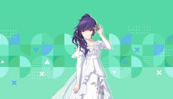  1girl asahina_mafuyu closed_mouth colorful_palette dress expressionless floral_print floral_print_dress flower game_cg green_background hair_flower hair_ornament highres kizu_darake_no_te_de_watashi-tachi_wa_(project_sekai) looking_at_viewer official_art ponytail print_dress project_sekai purple_hair solo third-party_source triangle violet_eyes white_dress white_flower 