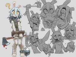  1girl axe ball_and_chain_restraint bandaged_arm bandaged_leg bandages blood blood_on_weapon blue_hair body_fur bound bound_wrists collar commentary full_body furry furry_female grey_background highres holding holding_axe holding_skull looking_at_viewer metal_collar multiple_views original orly_custer partially_colored rabbit_girl short_hair simple_background skull standing stocks untranslatable_commentary weapon white_fur yellow_eyes 