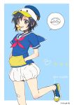  1girl black_hair cosplay disney donald_duck donald_duck_(cosplay) hat idolmaster julius_pringles kikuchi_makoto looking_at_viewer no_socks pringle_duck pringles shoes short_hair smile sneakers solo sumeragi_kohaku 