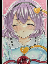  1girl absurdres black_hairband blue_shirt blush closed_eyes collarbone commentary_request crossed_bangs facing_viewer frilled_shirt_collar frills hairband heart highres incoming_kiss kae_(bluebluebluebelly) komeiji_satori marker_(medium) parted_lips pink_hair shirt short_hair solo third_eye touhou traditional_media upper_body 