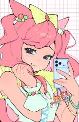  1girl agnes_digital_(full-color_fangirling)_(umamusume) agnes_digital_(umamusume) animal_ears bea_lenoir blue_eyes blush bow bracelet breasts cellphone cellphone_charm character_charm charm_(object) closed_mouth fang hair_bow hashtag-only_commentary highres holding holding_phone horse_ears horse_girl jewelry long_hair looking_at_viewer meisho_doto_(turbulent_blue)_(umamusume) meisho_doto_(umamusume) phone pink_hair shirt single_wrist_cuff skin_fang sleeveless small_breasts smartphone smile solo t.m._opera_o_(o_sole_suo!)_(umamusume) t.m._opera_o_(umamusume) two_side_up umamusume white_shirt wrist_cuffs yellow_bow 