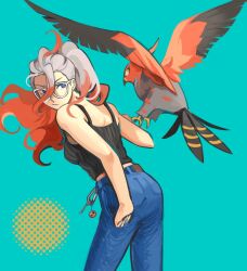  1girl alternate_costume aqua_background bare_shoulders bird black_feathers black_tank_top blonde_hair blue_eyes denim feathers grey_feathers griselle_(pokemon) highres jeans looking_at_viewer looking_back multicolored_hair pants pokemon pokemon_(creature) pokemon_legends:_z-a ponytail popotocurry red_feathers red_hair simple_background standing talonflame talons tank_top two-tone_hair upper_body white-framed_eyewear 