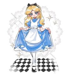  1girl alice's_adventures_in_wonderland alice_(alice_in_wonderland) apron black_bow black_hairband black_shoes blonde_hair blue_dress blue_eyes bow checkered_floor closed_mouth clothes_lift collared_dress curtsey dress dress_lift gucandiyi52092 hair_bow hairband hashtag-only_commentary long_dress long_hair mary_janes pantyhose parted_bangs puffy_short_sleeves puffy_sleeves shoes short_sleeves smile solo sparkle white_apron white_pantyhose 