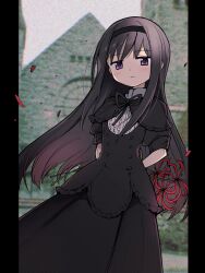  1girl akemi_homura akemi_homura_(black_dress) anime_coloring arms_behind_back black_border black_capelet black_dress black_hair black_hairband black_ribbon border capelet center_frills church closed_mouth clouds cloudy_sky collared_shirt commentary_request day dot_nose dress expressionless feet_out_of_frame film_grain flower frills hair_between_eyes hairband high_collar highres holding holding_flower ikuchi_osutega jitome light_frown long_dress long_hair long_sidelocks mahou_shoujo_madoka_magica mahou_shoujo_madoka_magica:_hangyaku_no_monogatari neck_ribbon outdoors petals photo_background pillarboxed red_flower ribbon shirt shirt_under_dress short_sleeves sidelocks sky sleeve_cuffs solo spider_lily very_long_hair violet_eyes white_shirt 