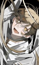  01_mpp 1boy black_background brown_hair crying crying_with_eyes_open feathered_wings halo highres lower_teeth_only male_focus open_mouth orange_eyes original solo streaming_tears teardrop tears teeth tongue watermark wide-eyed wings 