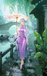  1girl absurdres arch_bridge bag banana_tree beads black_hair blue_eyes boat bracelet breasts bridge china_dress chinese_clothes chinese_commentary chinese_knot chinese_text commentary_request dress earrings english_text flower grey_hair hair_bun hair_intakes hair_ornament highres holding holding_umbrella huipai_architecture jewelry long_hair looking_to_the_side medium_breasts mixed-language_text musa necklace ningmeng_yiyu oil-paper_umbrella original outdoors pearl_necklace plant purple_dress rain shawl shoes single_hair_bun solo standing tassel tree umbrella very_long_hair water_drop_hair_ornament watercraft watermark white_hair willow 