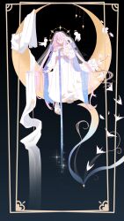  1girl absurdres angel breasts crescent_moon cup dress elysia_(herrscher_of_human:_ego)_(honkai_impact) elysia_(honkai_impact) halo highres holding holding_cup honkai_(series) honkai_impact_3rd long_hair moon multicolored_hair on_moon pink_hair see-through_clothes see-through_veil solo two-tone_hair veil very_long_hair white_dress white_hair yu_chen 