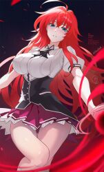 1girl ahoge blue_eyes blush high_school_dxd highres kuoh_academy_school_uniform long_hair looking_at_viewer looking_down pleated_skirt red_hair rias_gremory school_uniform shiro_font short_sleeves skirt solo very_long_hair 