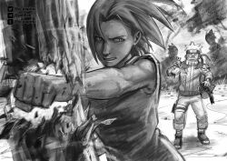  1boy 1girl flak_jacket flower haruno_sakura highres jacket monochrome naruto_(classic) naruto_(series) p_papiru punching short_hair spiky_hair strong toned toned_female tree uzumaki_naruto valentine 