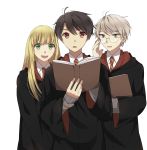  1girl 2boys aldnoah.zero asseylum_vers_allusia blonde_hair blue_eyes book brown_eyes brown_hair cloak cosplay crossover glasses green_eyes guroto harry_potter highres kaizuka_inaho multiple_boys parody silver_hair slaine_troyard 