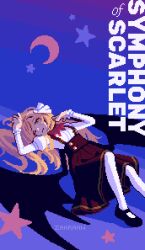  1girl artist_name bat_wings black_shoes black_wings blonde_hair bow bowtie brown_skirt closed_mouth commentary crescent english_text highres kurumi_(touhou) long_hair long_sleeves looking_at_viewer lying mary_janes on_back pantyhose pixel_art red_bow red_bowtie shirt shoes skirt solo star_(symbol) suspender_skirt suspenders touhou touhou_(pc-98) white_pantyhose white_shirt wings yellow_eyes zahranworrell 