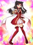  1girl black_hair blue_eyes brown_hair fate/kaleid_liner_prisma_illya fate/stay_night fate_(series) hair_ribbon hanjuku_tomato highres kaleidostick long_hair magical_girl magical_ruby red_legwear ribbon solo thigh-highs tohsaka_rin toosaka_rin two_side_up wand zettai_ryouiki 