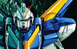  1990s_(style) after_battle asteroid broken_glass commentary_request damaged earth_federation glass glint green_eyes gun gundam katoki_hajime key_visual looking_at_viewer machine_gun mecha mecha_focus mobile_suit no_humans official_art one-eyed photo_background portrait promotional_art retro_artstyle robot scan scene_reference science_fiction space spoilers traditional_media upper_body v-fin v2_gundam victory_gundam weapon zero_gravity 